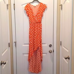 High low maxi dress, size medium, orange/white polkadot